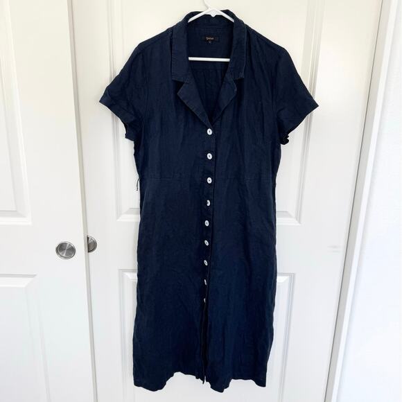 Quince Linen Button Front Short Sleeve Collared Preppy Dress Navy Blue Large - Picture 2 of 6